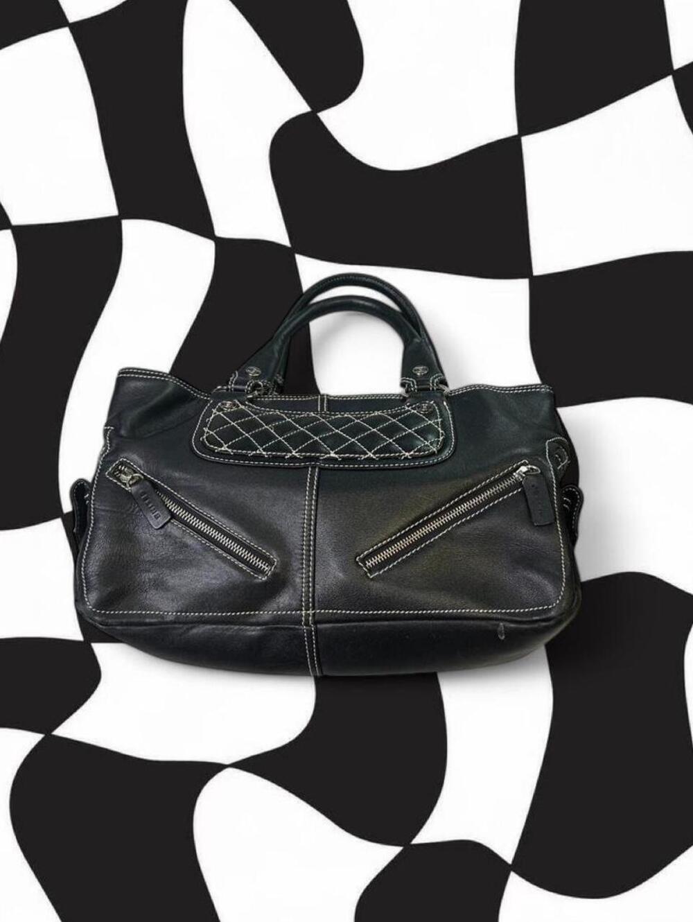 Celine Black Leather Handbag with White Stitching and Quilted Panel